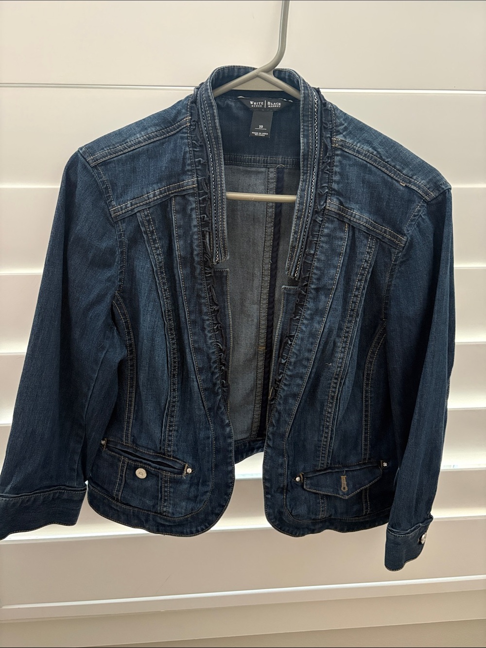 White House Black Market Indigo Ruffle-Trim Denim Jacket
